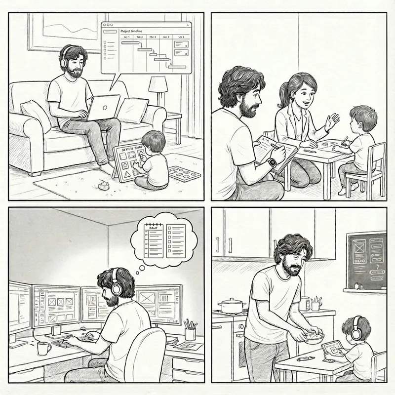 Cómic: 1. Organización del tiempo. 2. Caminando con mi hijo. 3. Trabajo tranquilo desde la costa.